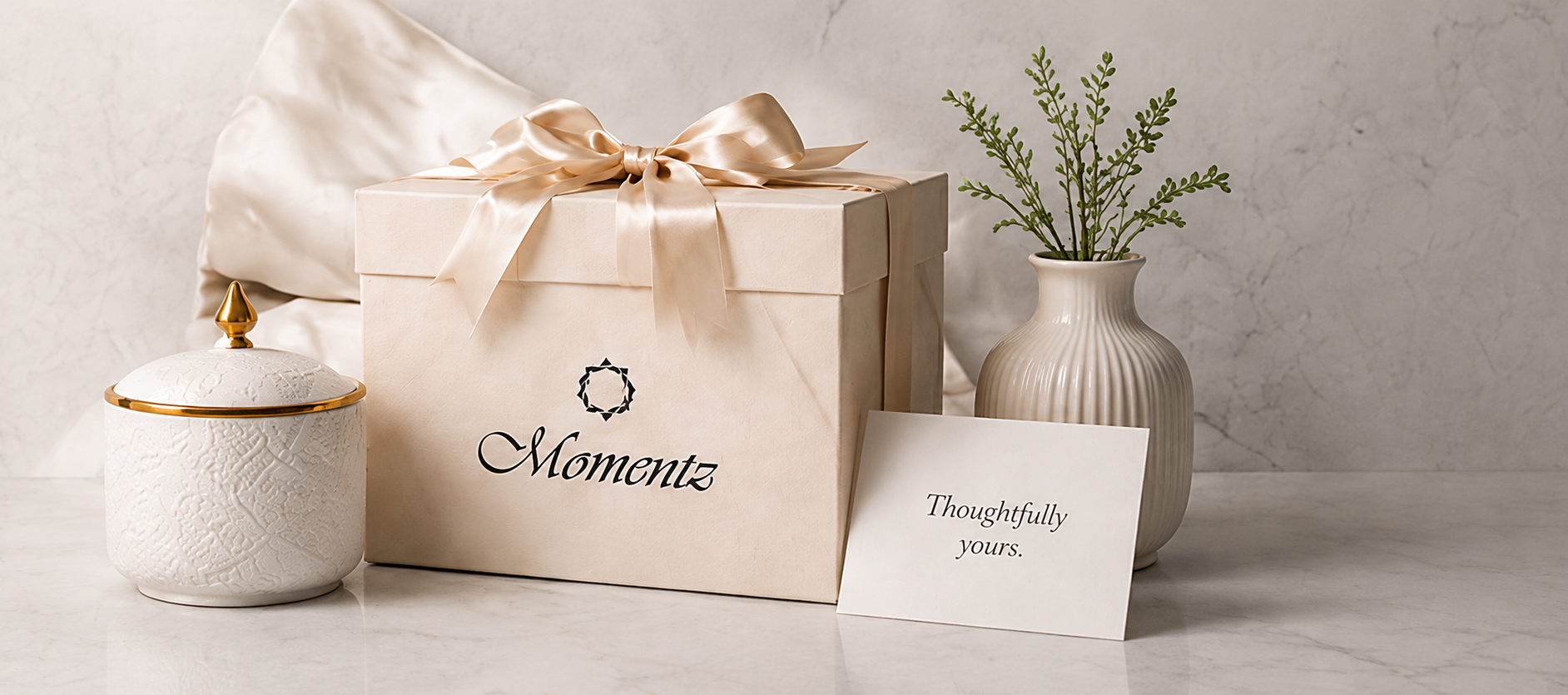Momentz corporate gift box with silk ribbon, ceramic jar and thank-you card on marble